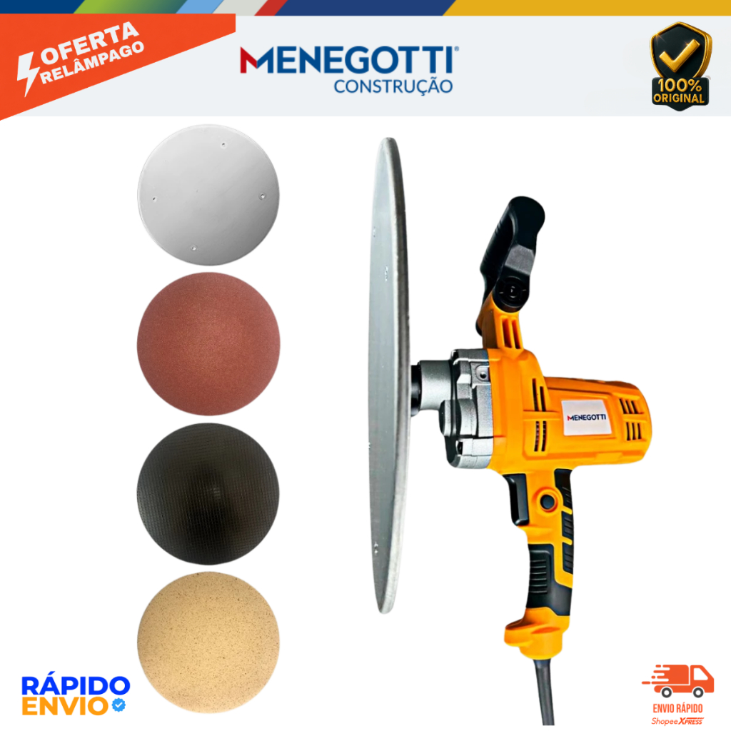 Desempenadeira Elétrica 1200W Menegotti + Disco de Ferro para Acabamentos de Reboco para Pedreiros