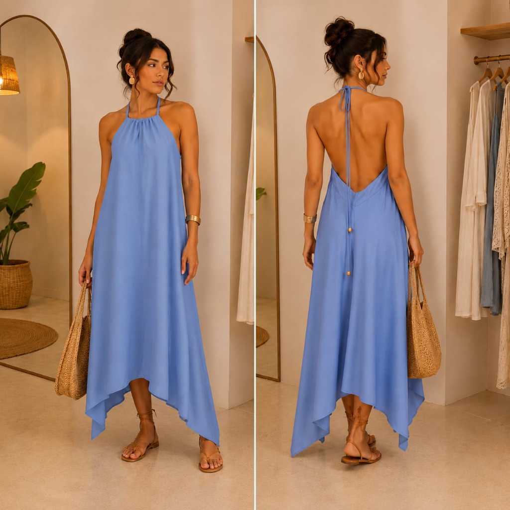 Vestido Longo Feminino Frente Única Costas Abertas Barra Assimétrica Verão Praia Casual
