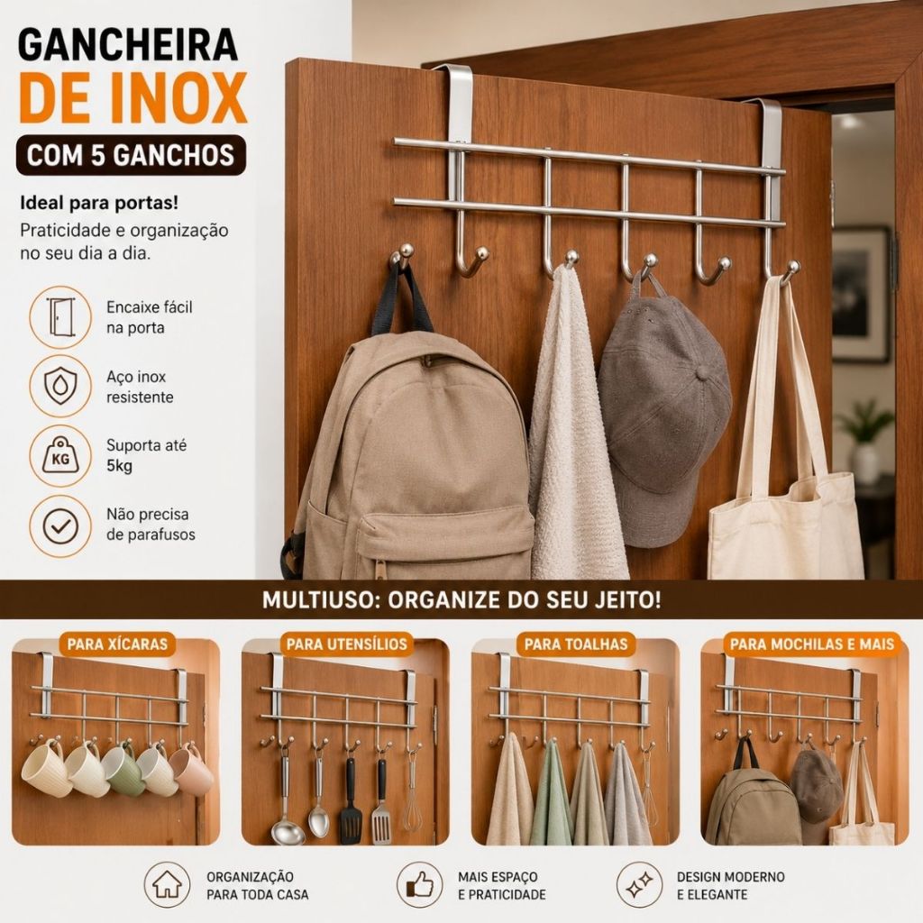 Gancheira De Porta 5 Ganchos Aço Inox Organizador Multiuso Para Quarto Banheiro Cozinha sem Furos