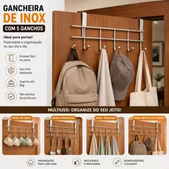 Gancheira De Porta 5 Ganchos Aço Inox Organizador Multiuso Para Quarto Banheiro Cozinha sem Furos