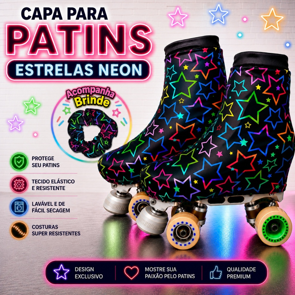 Polaina Cobre Botas Capa para Patins Patinashow Estrelas Neon
