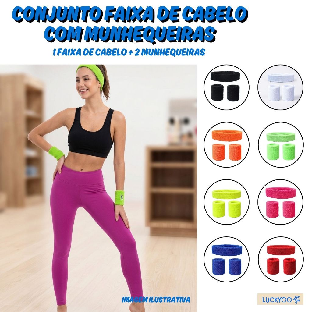 Conjunto Faixa de Cabelo + 2 Munhequeiras Atoalhadas Academia Fitness Esportivo Skin Care Crossfit Treino Corrida