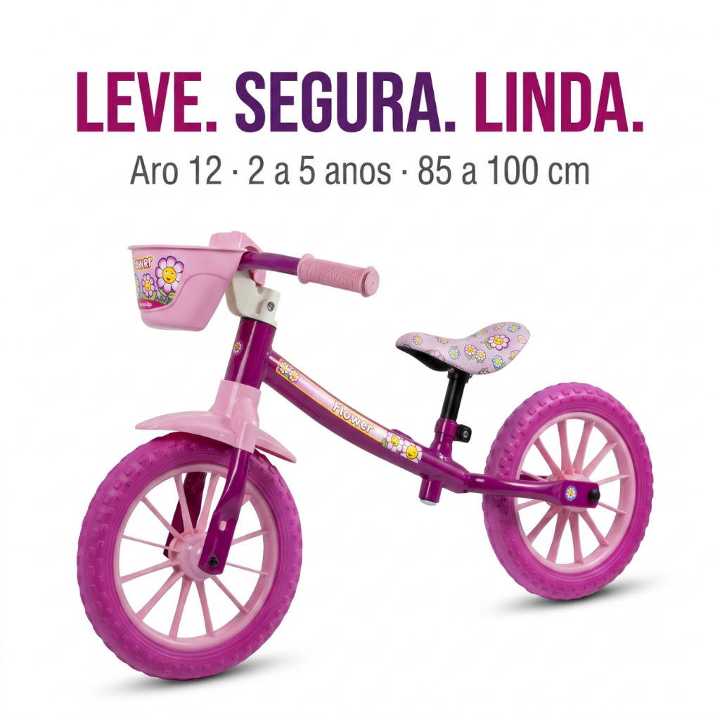 Bicicleta Equilíbrio Infantil Balance Nathor Bike Aro 12 Sem Pedal Menina Cestinha Flower 2+ anos