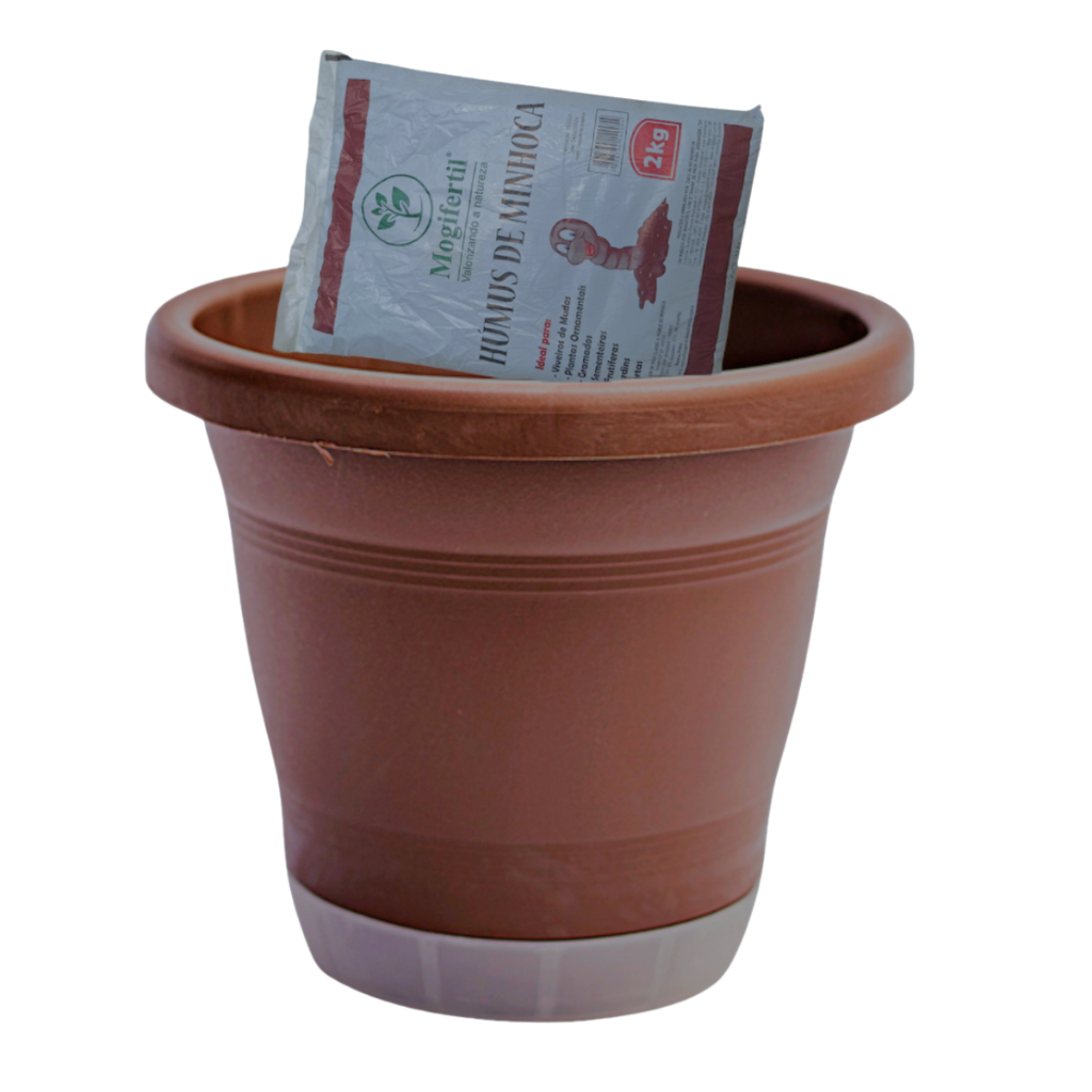 Vaso Plástico Redondo Grande 17 Litros com Prato anti dengue + 2kg Humus de Minhoca autoirrigável