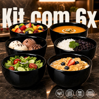 kit 6 Bowl Tigela Cumbuca Porcelana Poá Cerâmica Decoração Preta Restaurante Feijoada Sopa Açai Comida Japonesa