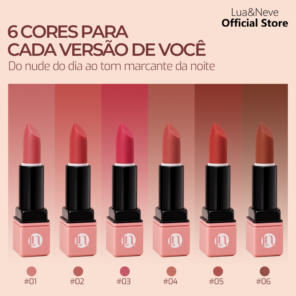 Batom Semi Matte Alta Pigmentação Não Transfere Acabamento Aveludado 6 Cores 3,1g Lua&Neve