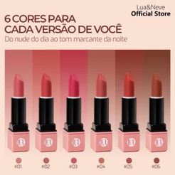 Batom Semi Matte Alta Pigmentação Não Transfere Acabamento Aveludado 6 Cores 3,1g Lua&Neve