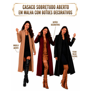Casaco Longo Sobretudo Feminino Estilo Poncho comprido com mangas Vestido Moda Evangélica Gospel Social Social Preto