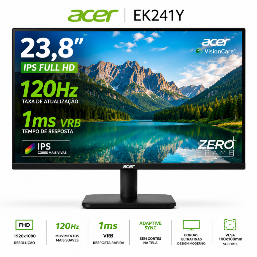 Monitor Gamer Acer 23.8 IPS Full HD 120Hz 1ms HDMI VGA EK241Y