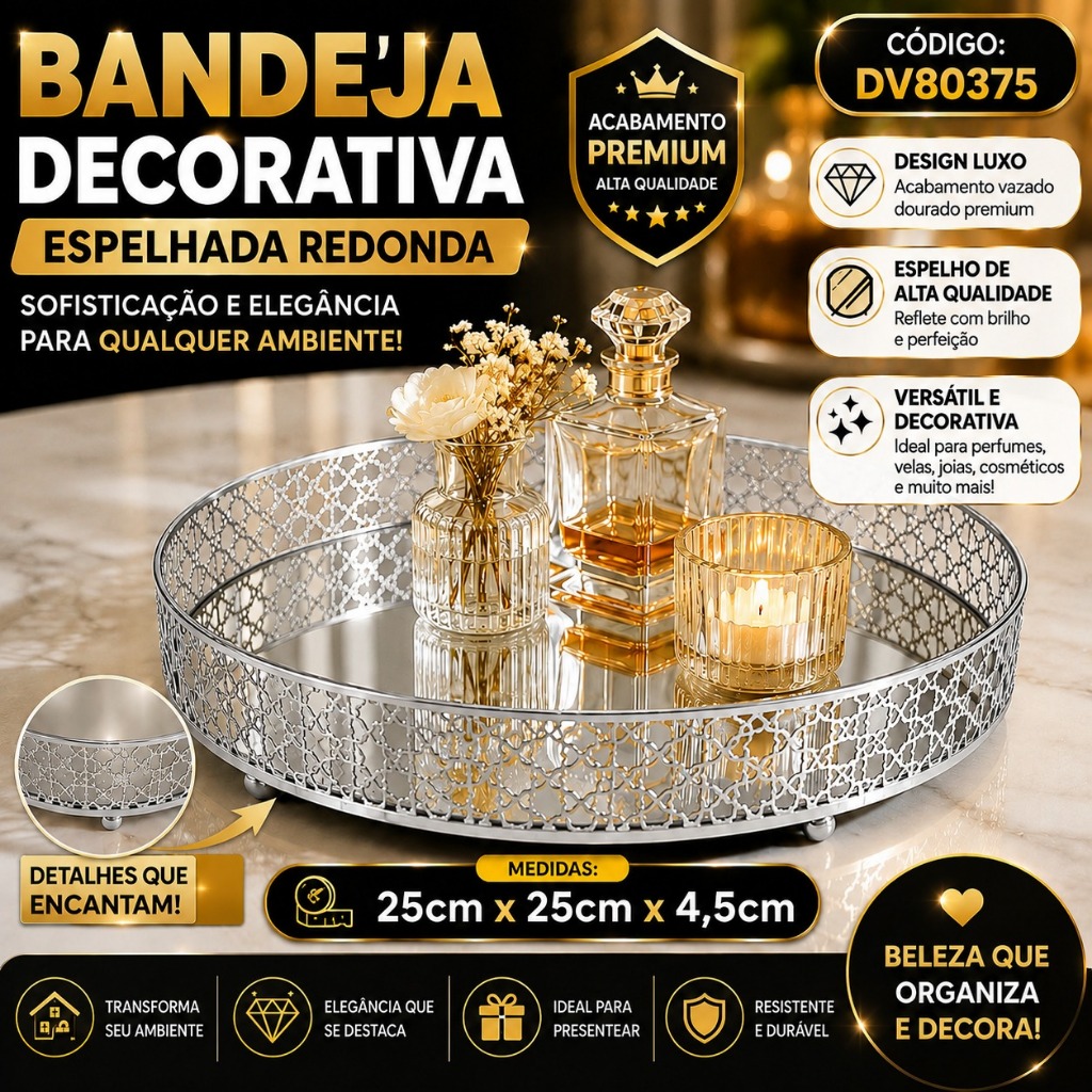 Bandeja Espelhada Decorativa Redonda Ou quadrada Dourada | Luxo para Sala, Banheiro e Decoração — imagem 2 de 2