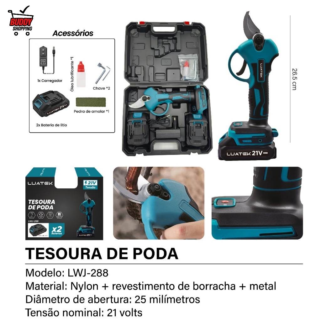Tesoura de Poda Elétrica 21V Bateria Bivolt 25mm Kit Completo com 2 Baterias Mal