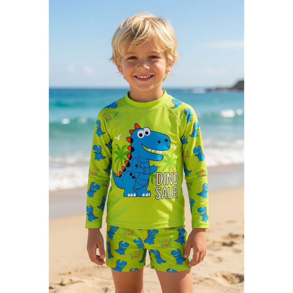 Conjunto Dinossauro  Menino Sunga Infantil Boxer Proteção + Camiseta Dino