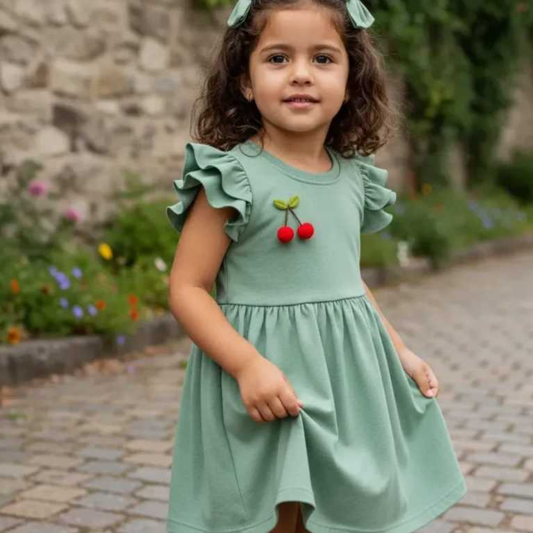 Vestido Infantil Menina Algodão Festa Leve Fresquinho Aplique Cereja Busto Premium C(Kit Laço Cabelo