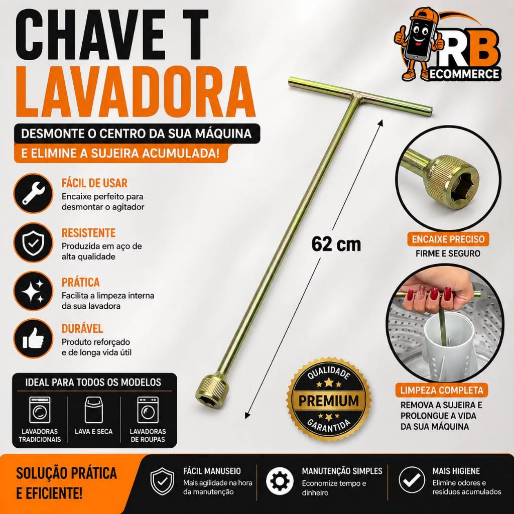 Chave T 10mm Longa 62cm para Maquina de Lavar Agitador Brastemp Electrolux uso universal