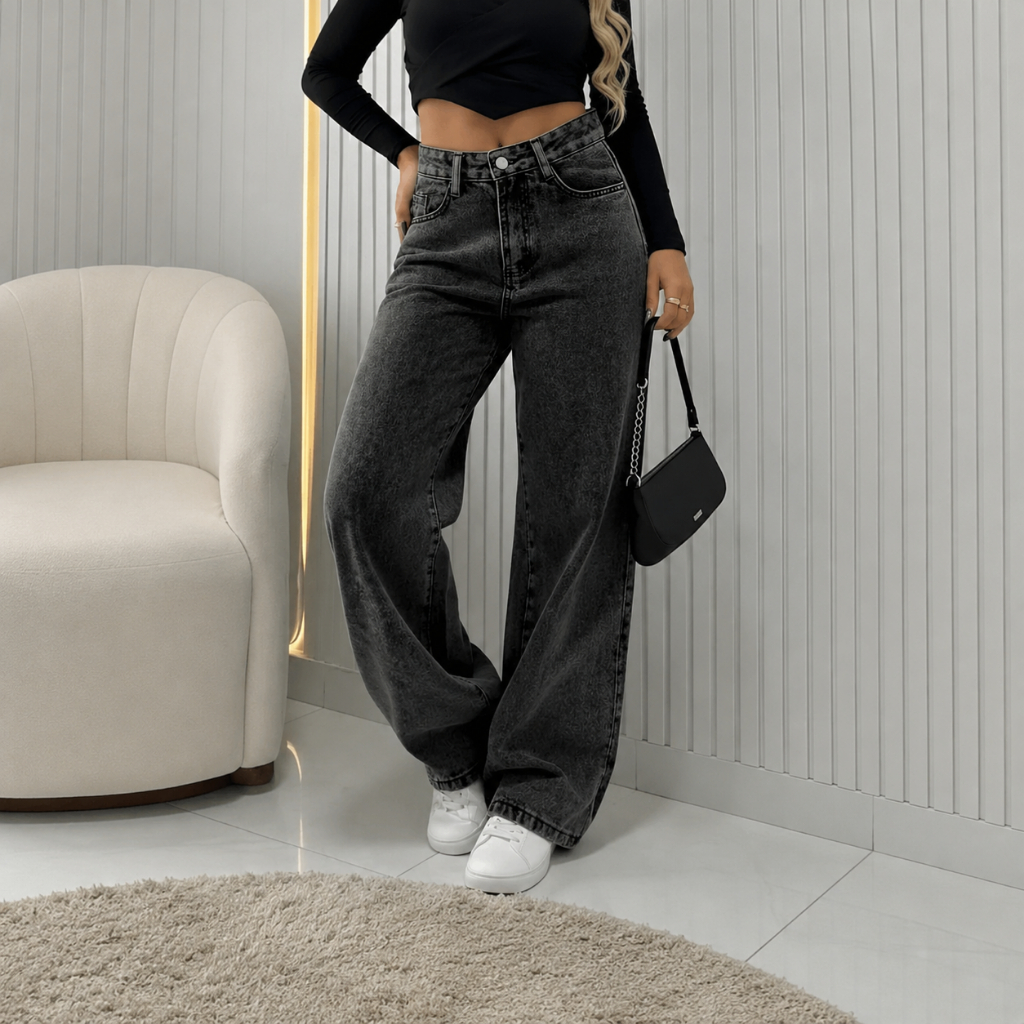 Calça Wide Leg Jeans Feminina Cintura Alta Pantalona Premium