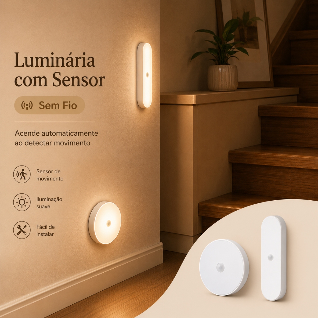 Luminária LED Magnética com Sensor de Presença Recarregável USB Sem Fio