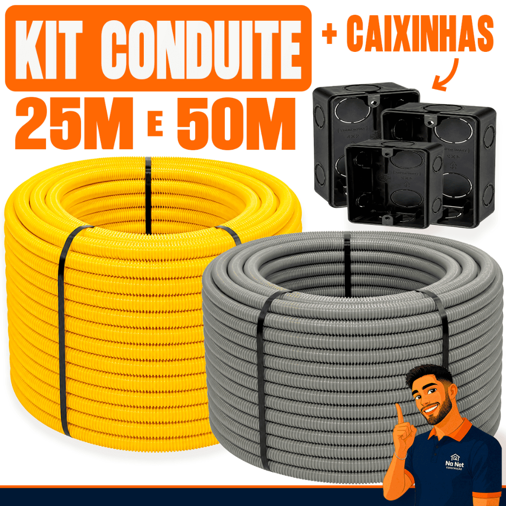 Conduite Corrugado PVC 3/4 25 á 50 Metros 10 á 50 Caixas 4x2 Rolo Reforçado Eletroduto Flexível
