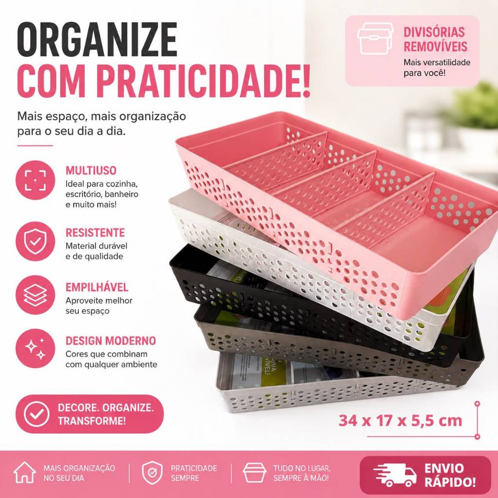 Cesto Organizador Usual Utilidades 3 Divisórias Removíveis Grande 34x17x5,5 Multiuso Varias Cores