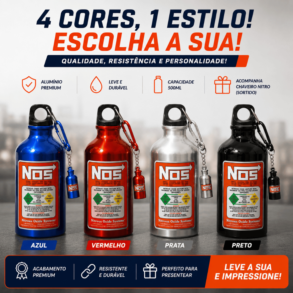 Garrafa Alumínio Estilo Nitro NOS 500ml Velozes e Furiosos com Chaveiro Exclusivo