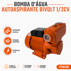 Bomba Periférica Autoaspirante 1/2 CV Bivolt Foxlux Vazão 4.500 L/h Recalque 32m Irrigação