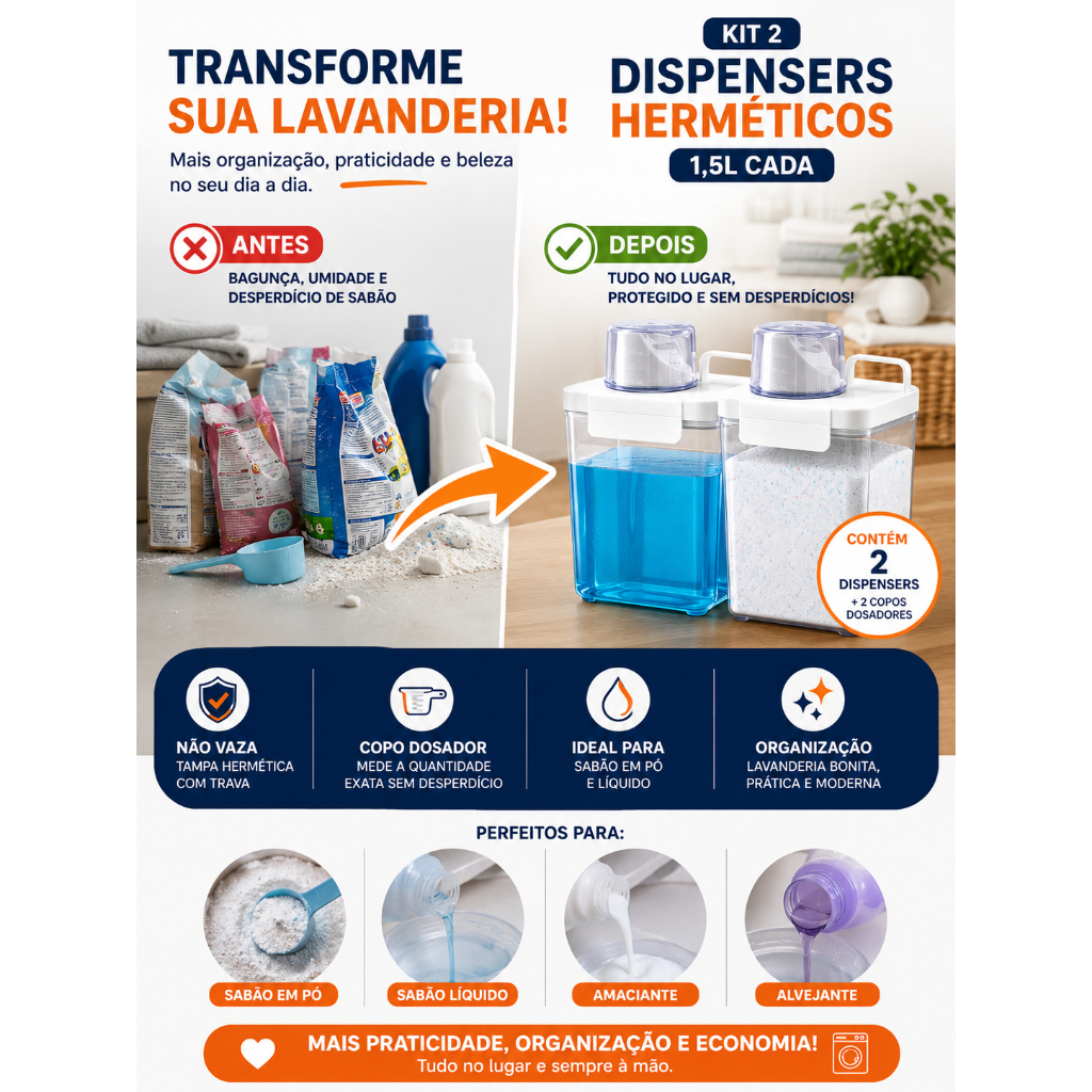 Detalhes do Kit 2 Dispenser Hermético 1,5L Organizador Lavanderia Porta Sabão em Pó e Líquido com Copo Dosador