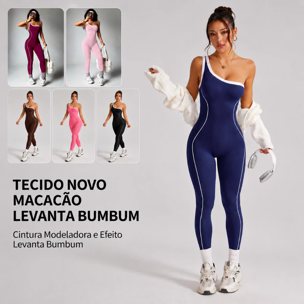 Aura Estilo Macacão Fitness Modela Cintura Linhas Contrastantes Ombro Único — imagem 1