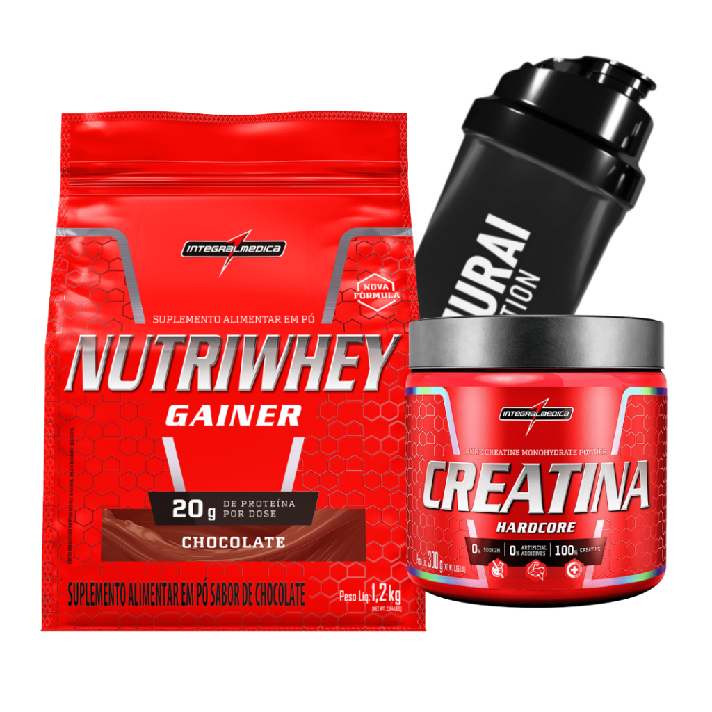 Kit Coqueteleira 600ml + Whey 1,2 Kg + Creatina 300g - Integral Médica