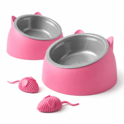 Kit Comedouro e Bebedouro para Gatos Ergonômico Elevado Anti Refluxo Plástico 2 Tigelas + Ratinhos