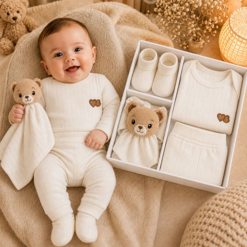 Presente Bebê  4 Peças Body Calça Mijão Canelado Naninha Urso Meia Sapatinho Algodão Enxoval Premium