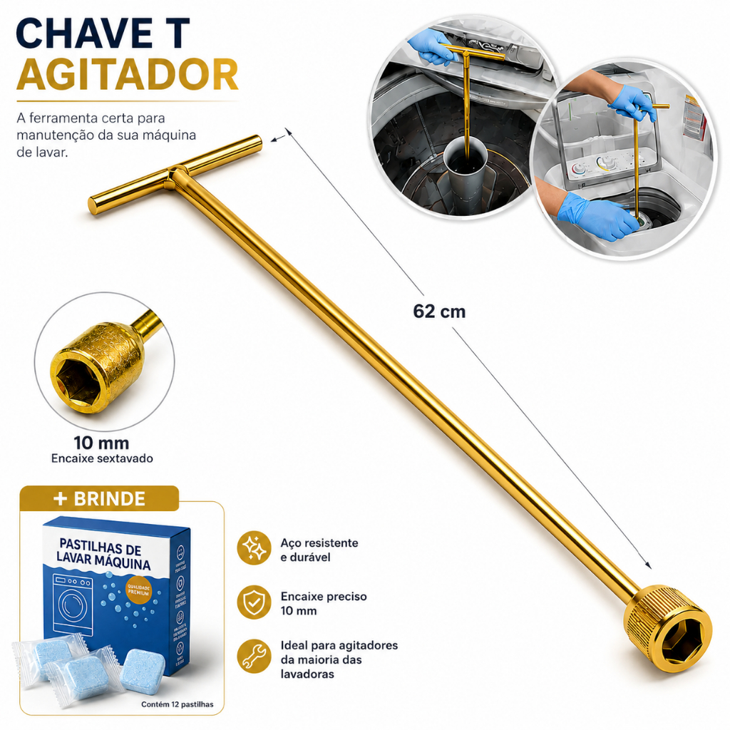 Chave T Canhão 10mm 62cm Longa Para Lavadora Manutenção Assistencia Tecnica Agitador
