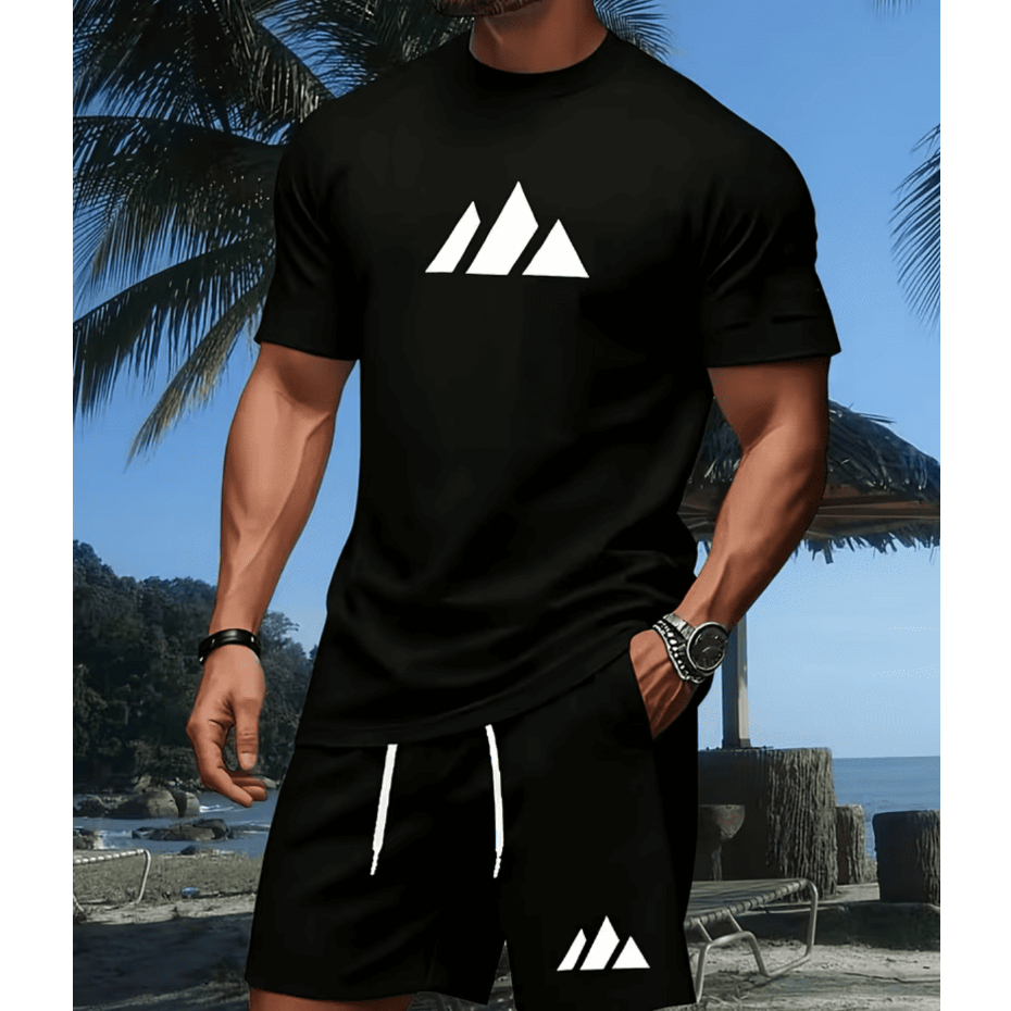 Kit Conjunto Masculino Verão Camiseta Algodão Short Tactel Estampado 3 Listras Estilo Casual Moderno Leve E Confortável
