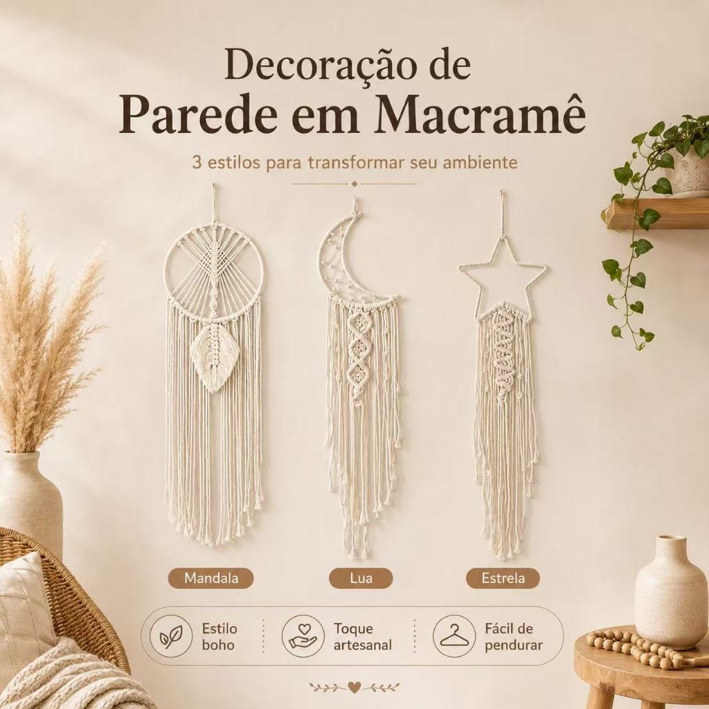 Apanhador de Sonhos em Macramê - Decoração Boêmia de Parede Estrela Lua Macramê com Folh redondo