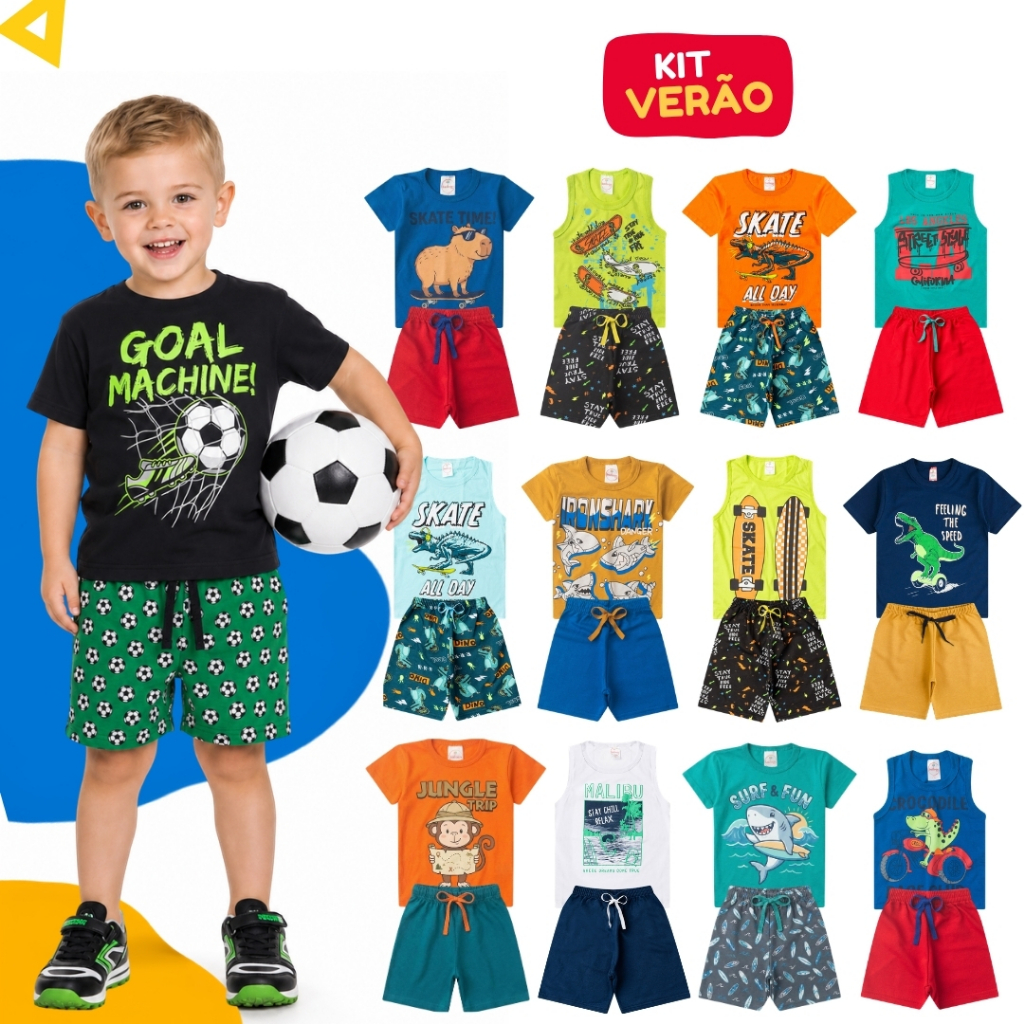 Kit 10 Peças Roupa Infantil Menino Verão Conjunto 5 Camisetas + 5 Bermudas Mascu