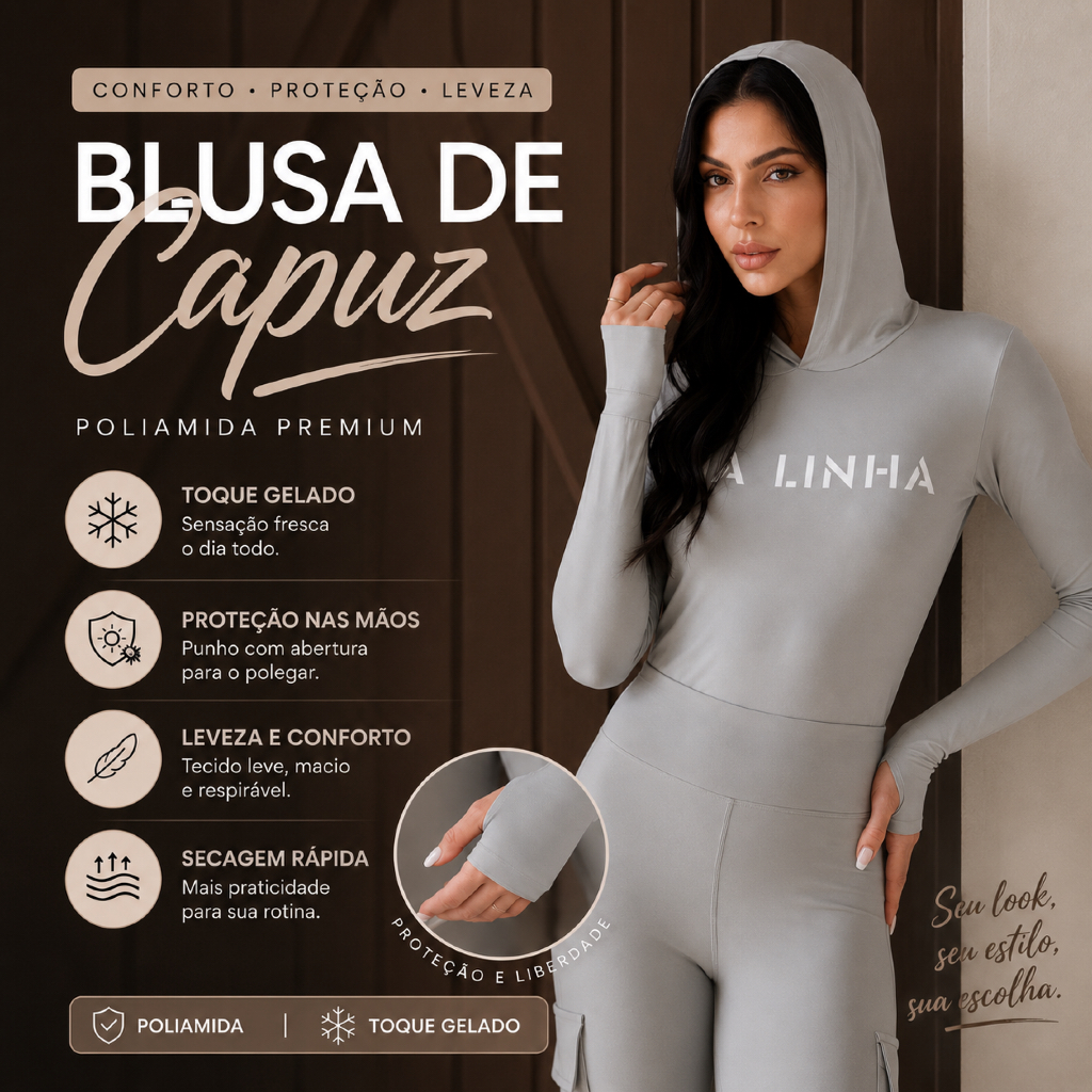 Camiseta de Pesca Feminina com Capuz Proteção na Mão