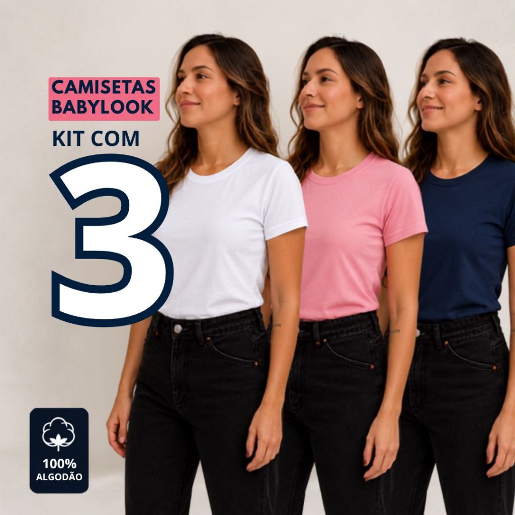 Kit 3 Camisetas Femininas Básicas 100% Algodão Premium Sortidas – Conforto e Estilo