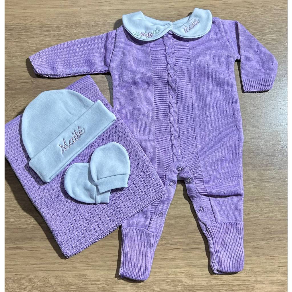 Saida maternidade conjunto trico bebê menina personalizada 5 peças rosa e lilas
