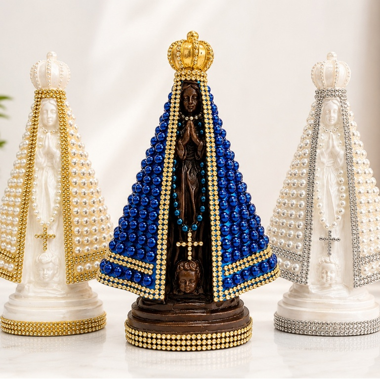 Imagem Nossa Senhora Aparecida 20cm Com Pérolas Decorada | Estátua Católica Religiosa | Decoração de Mesa e Altar