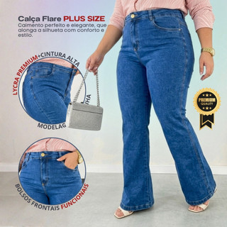 Calça Flare Feminina PLUS SIZE Boca de Sino Jeans com Elastano Cós Alto Modeladora