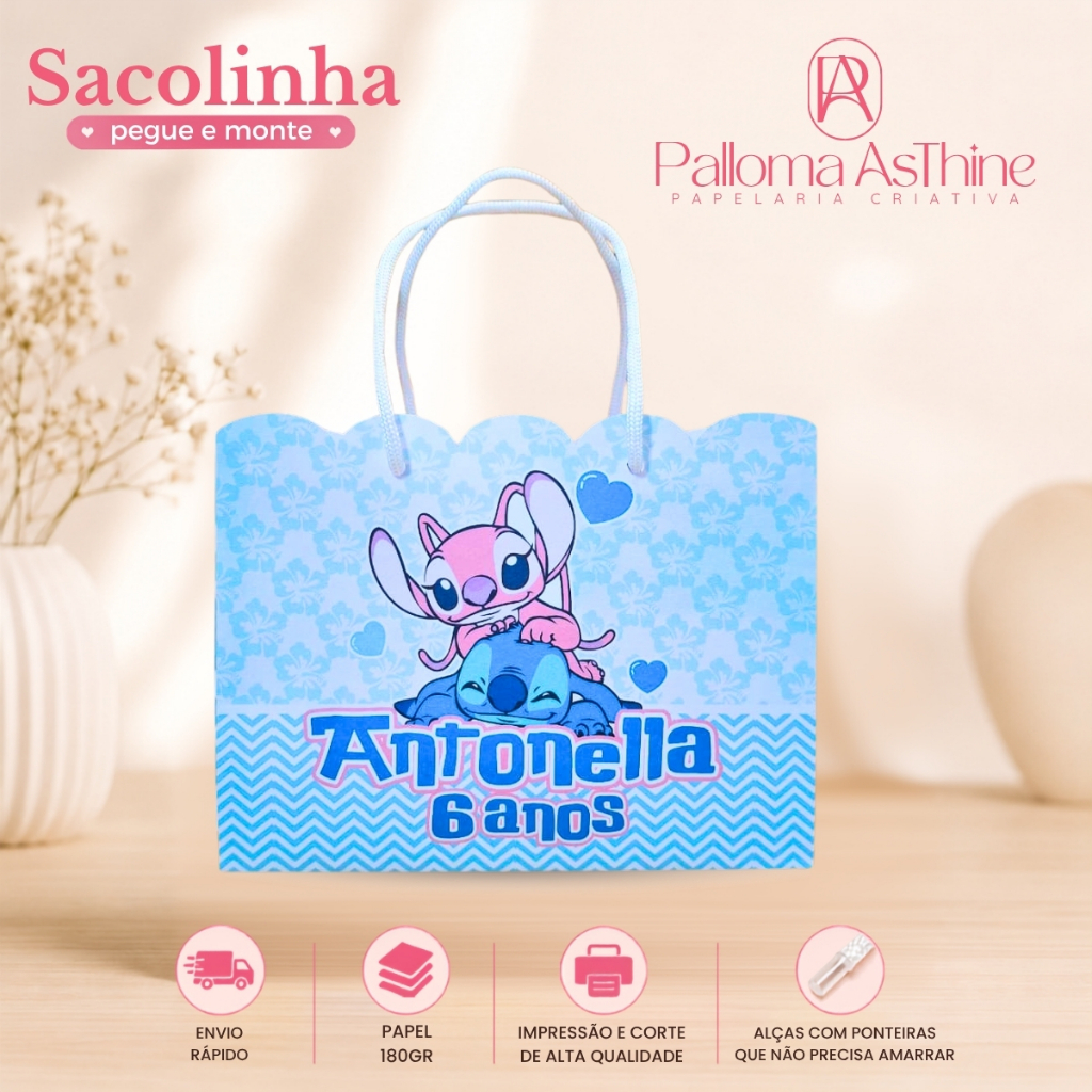 Sacolinha pegue/monte Stith azul lembrancinha personalizada aniversário 20x15x7cm