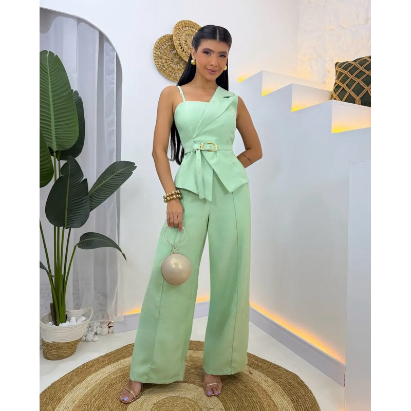 Conjunto Alfaiataria Feminino Calça Pantalona Blusa Assimétrica Com Cinto Luxo Tendência