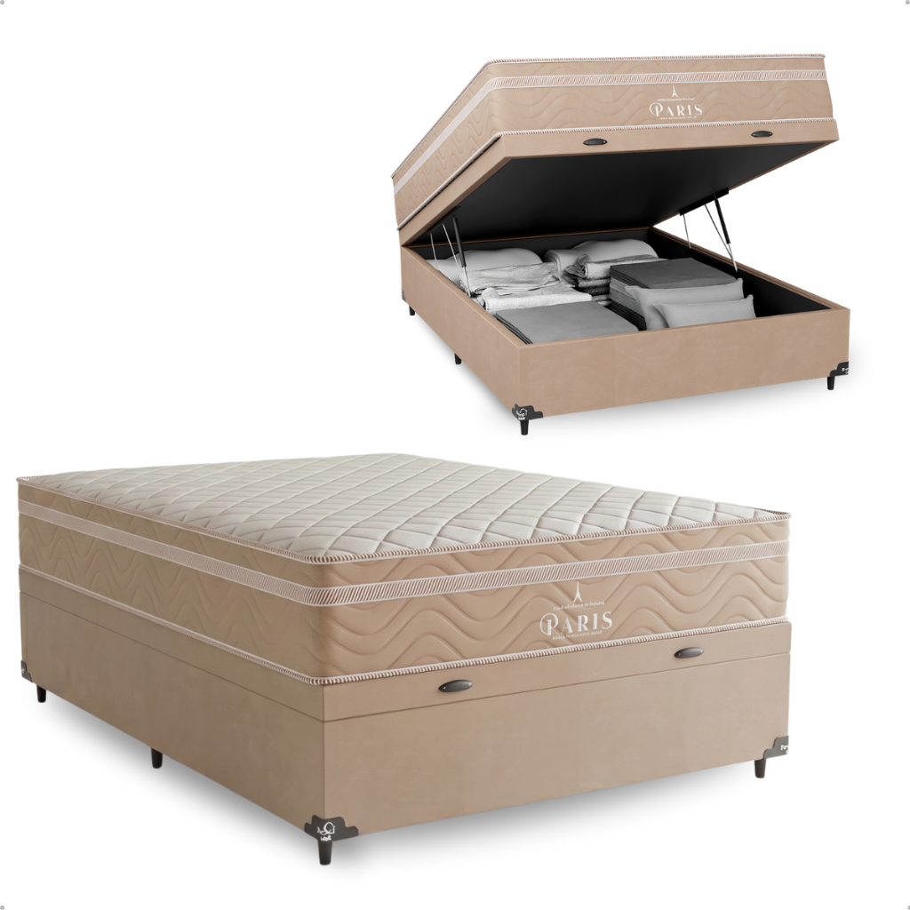 Cama Box Baú Casal Bege + Colchão Paris Molas Ensacadas - e-Shop Casa