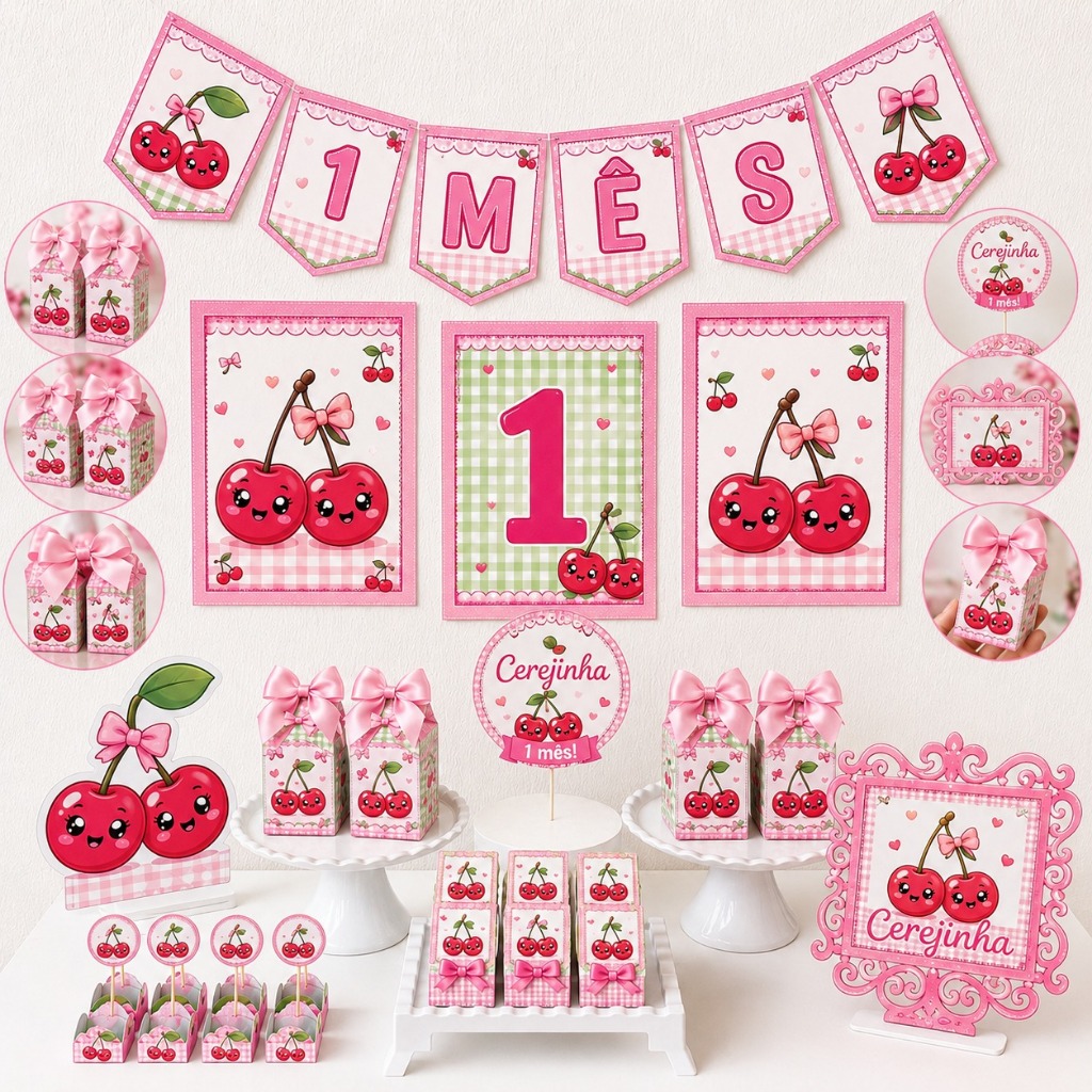 Kit Festa Cerejinha Personalizado Só um Bolinho  Mesversário Aniversário Lembrancinha Festa