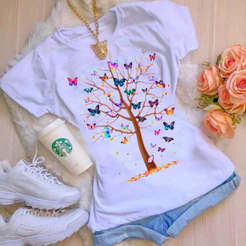 blusinha feminina roupa basica manga curta estampa arvore borboletas P ao GG camiseta