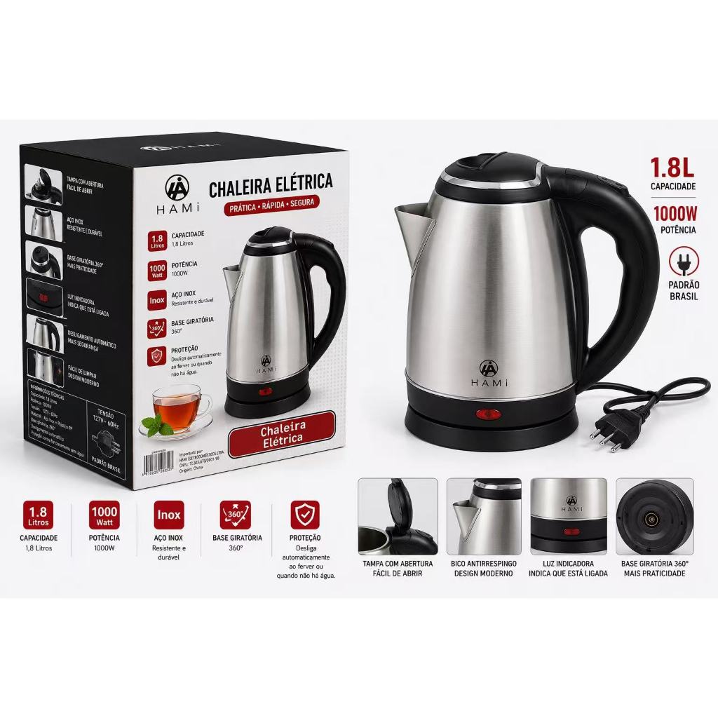 Chaleira Elétrica 1,8L Inox 1000W Base Giratória 360° Desligamento Automático HAMI
