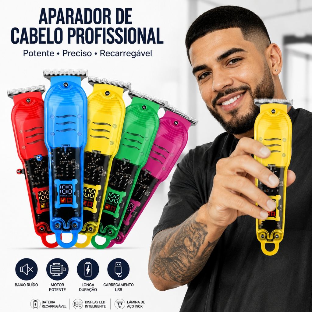 Máquina de Cortar Cabelo Sem Fio LCD Smart Transparente Recarregável Aparador Nasal Homem