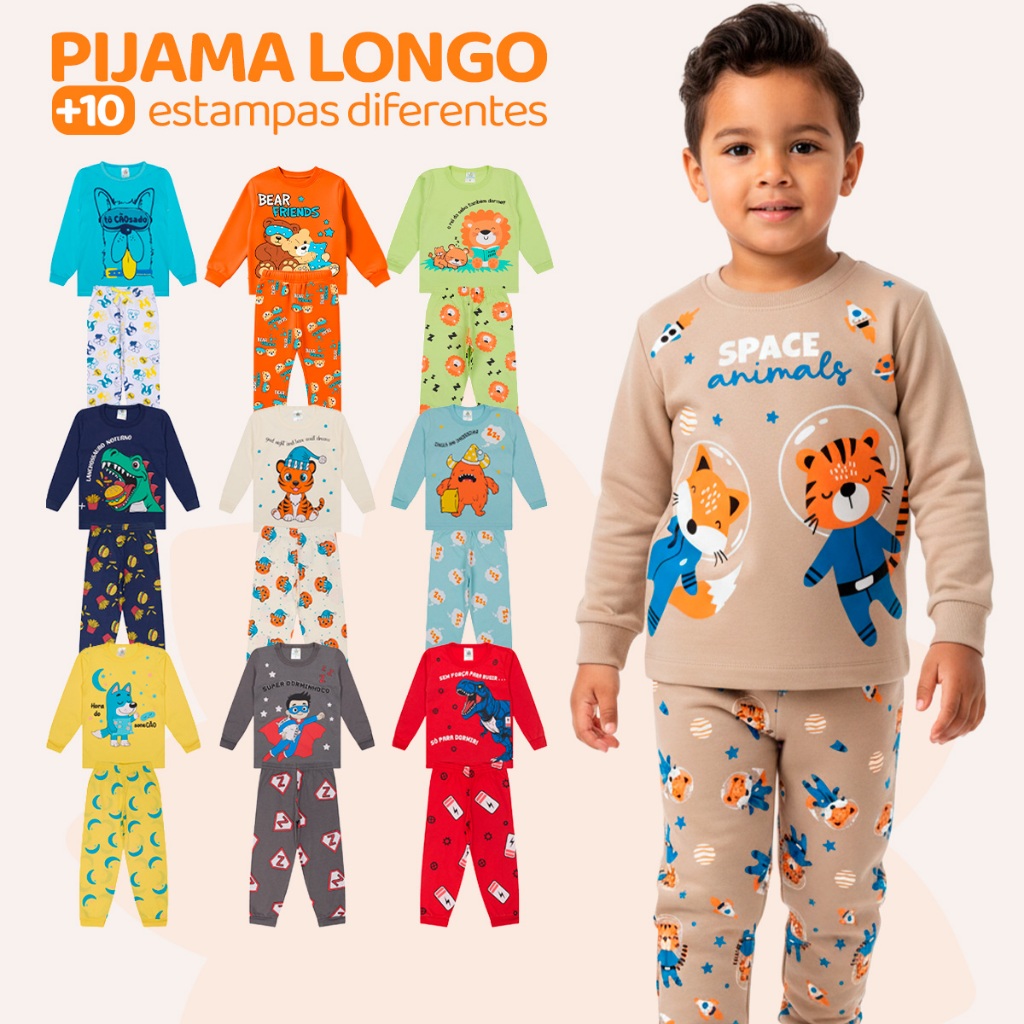 Kit Sortido 4 Peças Pijama Infantil Menino Manga Comprida Tamanho 1 ao 10