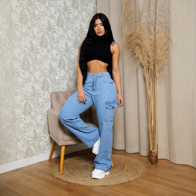 calça jeans feminina cargo levanta bumbum cintura alta