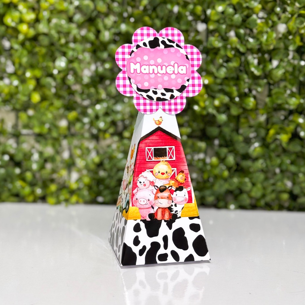 10 UN | Caixinhas Lembrancinha Infantil Fazendinha Rosa Pirâmide Personalizadas