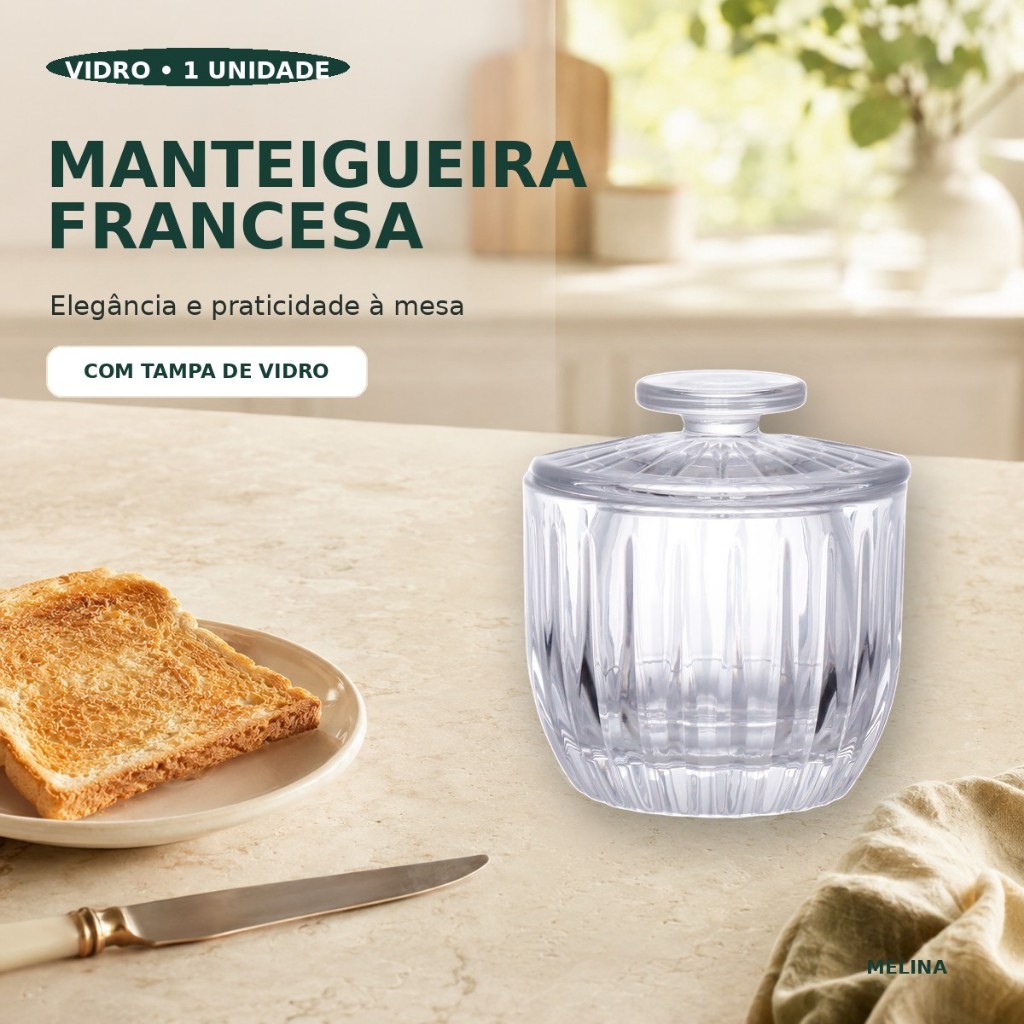 Manteigueira Francesa de Vidro com Tampa Hauskraft Melina 9,5 x 11 cm Porta Manteiga para Mesa