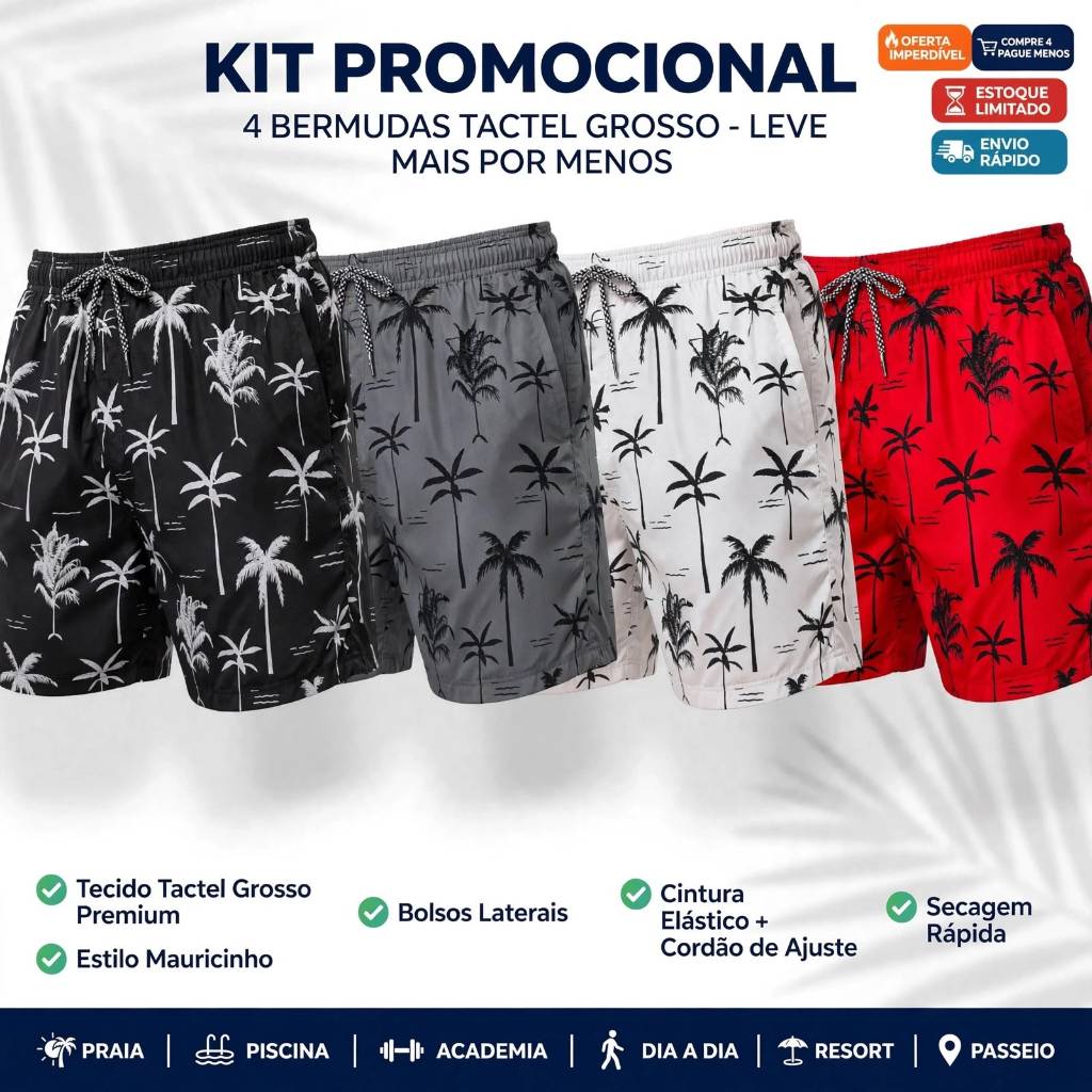 Kit 4 Bermudas Masculina Mauricinho Elastano Estampada Coqueiro Tactel Short Praia